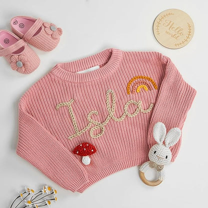 Personalized Hand Embroidered Knit Name Jumper, Custom Infant Christmas Sweater, Chunky Oversized Kids Sweater Multi