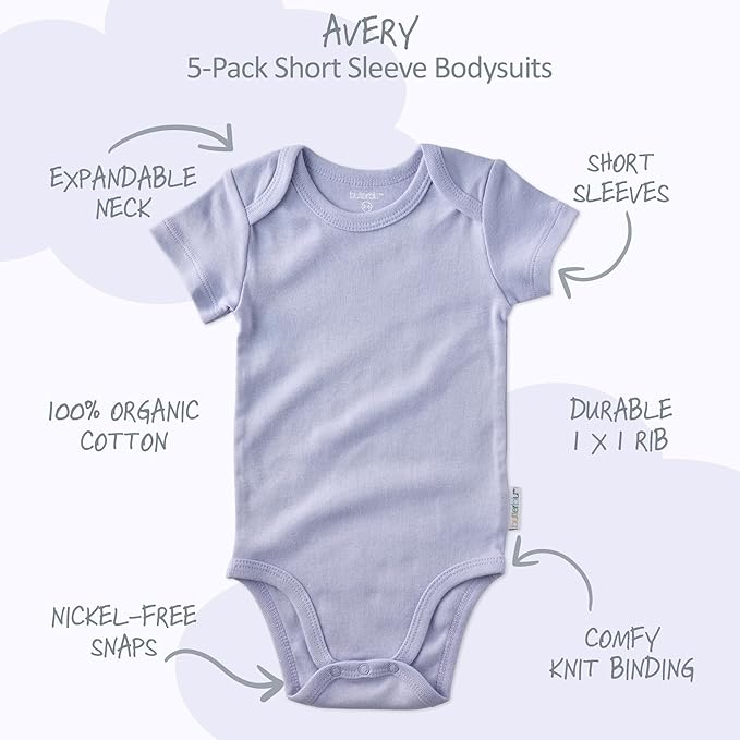 Avery 5-Pack Short Sleeve Bodysuits 100% Organic Cotton for Baby Boys & Girls