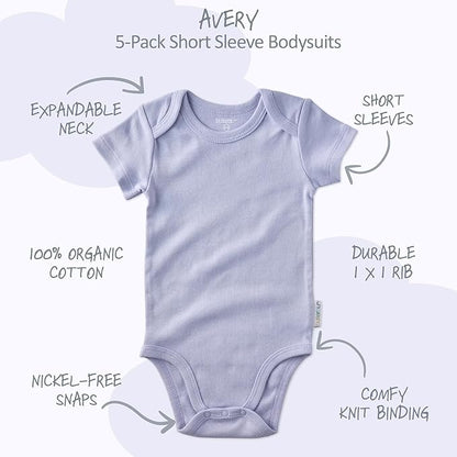Avery 5-Pack Short Sleeve Bodysuits 100% Organic Cotton for Baby Boys & Girls