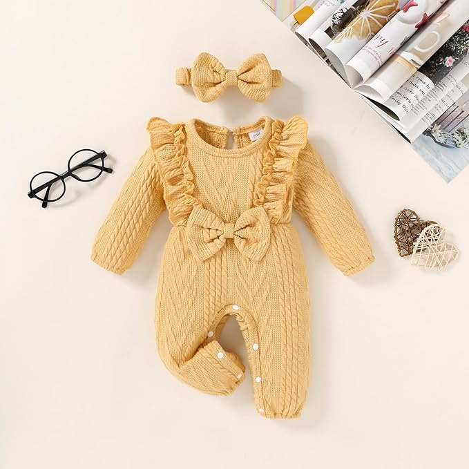 Happy Town Baby Girl Romper Infant Fall Winter Clothes Ruffle Sweater Long Sleeve Bodysuit Jumpsuit and Headband