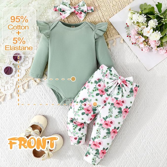 GDTOGRT Newborn Baby Girl Clothes Outfit Set Sweet Ruffle Romper, Pants and Headband 0 3 6 9 12 18 Months Infant Clothing