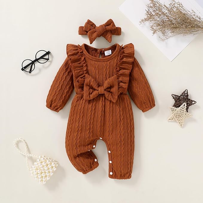 Happy Town Baby Girl Romper Infant Fall Winter Clothes Ruffle Sweater Long Sleeve Bodysuit Jumpsuit and Headband