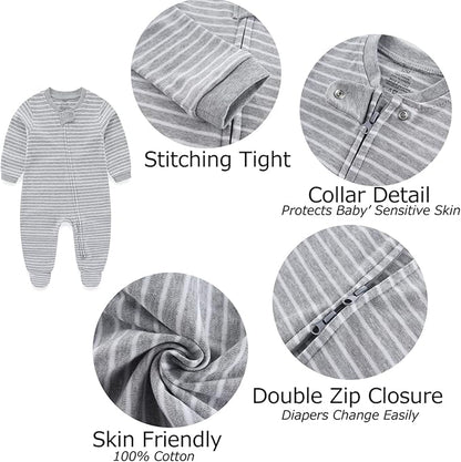 Newborn Baby Boy Girls Clothes 2-Way Zip Footed Cotton Bodysuit 3-Pack Long Sleeve Outfits 0-12Months Baby Pajamas