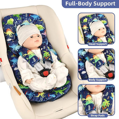 Infant Car Seat Insert Cushion, Baby Car Seat Head Body Support for Girls & Boys, Reversible Newborn Car Seat Insert with 2 Extra Strap Paddings, Premature Car Seat Cushion, Dinosaur