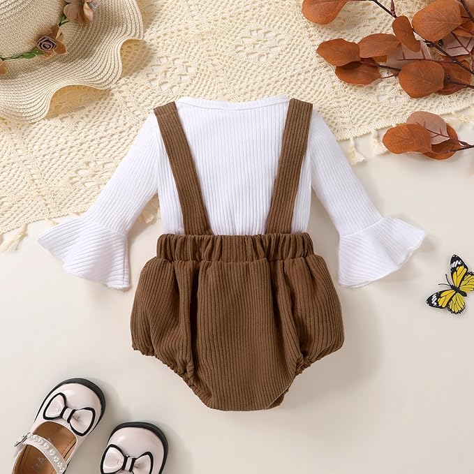 Tiny Cutey Newborn Baby Girl Clothes Bell Sleeve Romper and Corduroy Overalls Shorts Infant Girl Fall Outfits