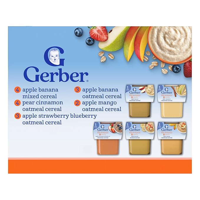 Gerber Stage 2 Baby Food, Baby Fruit And Cereal Tubs Variety Pack, Iron Helps Support Brain Development, No Artificial Flavors, Baby Cereal, 32-Pack