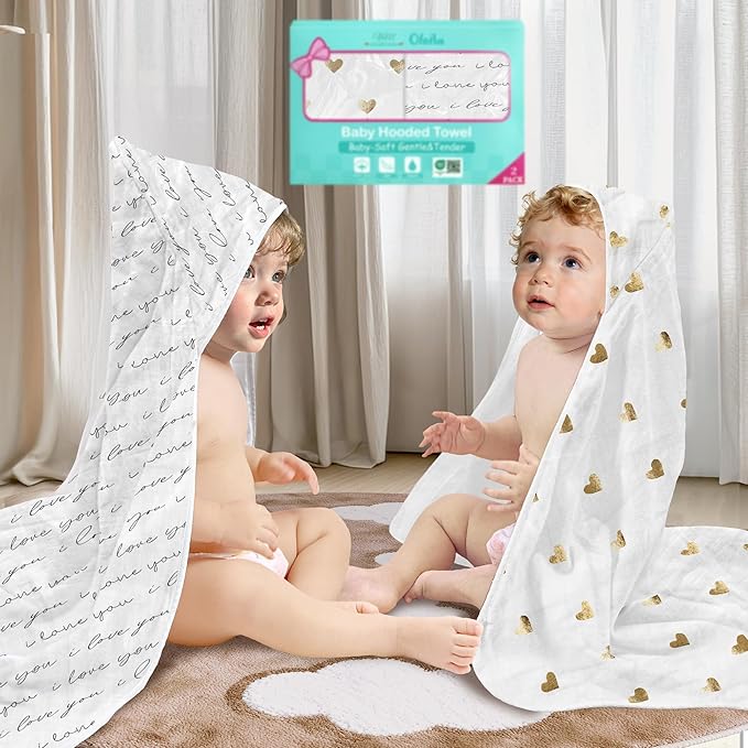 VOOVA & MOVAS 2Pack Baby Bath Towels - 100% Muslin Cotton,300GSM, 32x32 Inches,0-24Months, Super Absorbent Large Towel with Hood for Newborn,Toddler,Infant, Golden Love & Grapheme Love Patten