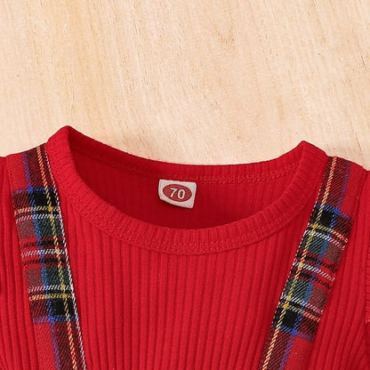 Newborn Christmas Outfit Baby Girl Plaid Romper Dress Infant Ruffle Long Sleeve Ribbed Bodysuit Headband Clothes