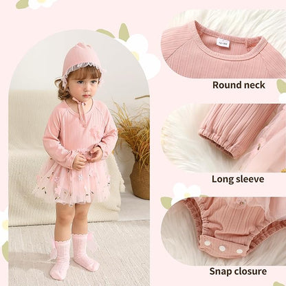 YOUNGER TREE Newborn Baby Girl Romper Dress Outfits Long Sleeve Floral Tutu Bodysuit with Leggings Hat Infant Fall Clothes