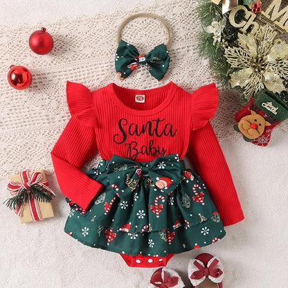 Hnyenmcko Newborn Baby Girl Christmas Clothes Infant Red Plaid Romper Dress Ruffle Long Sleeve Ribbed Bodysuit Headband Set