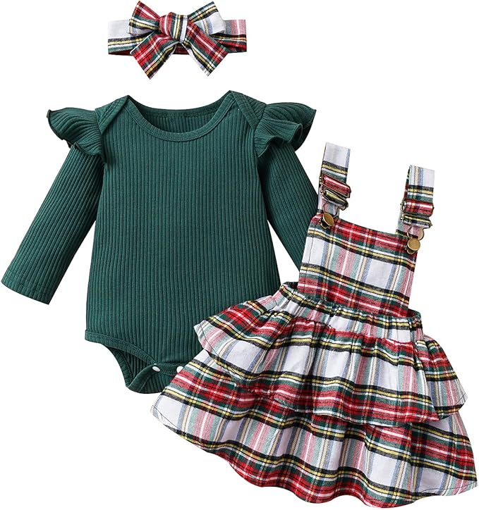 Hnyenmcko Newborn Baby Girl Christmas Clothes Infant Red Plaid Romper Dress Ruffle Long Sleeve Ribbed Bodysuit Headband Set