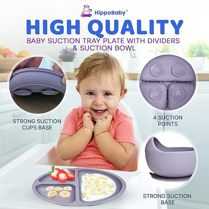 Baby Led Weaning Supplies | 10 Piece Silicone Feeding Set | Baby Toddler Bib Cup Divided Plate and Bowl Self Feeding Spoons Dish Set | Baby Utensils | Toddler Feeding Supplies (Lavender)