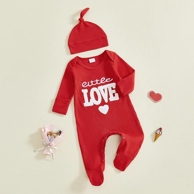 Baby Valentines Outfit Girl Boys Long Sleeve Footie Rib Onesie knot Hat Spring Clothes Newborn Outfits Infant Set