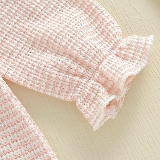 Gaono Newborn Baby Girl Romper Waffle Knit Striped Long Sleeve Doll Collar Heart Bow Jumpsuit Bodysuit Fall Winter Clothes