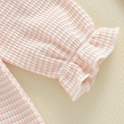 Gaono Newborn Baby Girl Romper Waffle Knit Striped Long Sleeve Doll Collar Heart Bow Jumpsuit Bodysuit Fall Winter Clothes