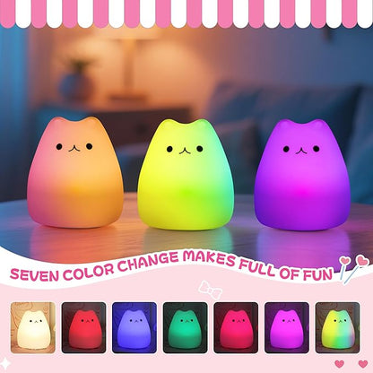 Night Light for Kids, Rechargeable Dimmable Silicone LED Nightlight with 7 Colors, Baby Nursery Night Lamp, Touch Squishy Lamp, Cute Gifts for Girls, Boys, Toddler Room Decor, Cat