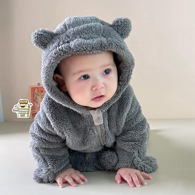 CAHL&FAUO Newborn Snowsuit Baby Cartoon Bear Onesie Warm Fleece Hooded Romper Jumpsuit