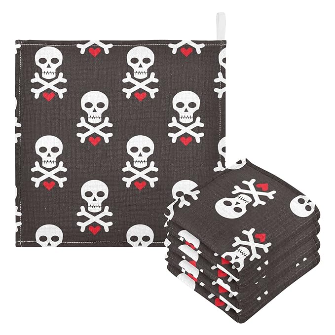 Baby Washcloths Cotton Skull Red Heart Baby Muslin Washcloths Soft Baby Face Towel for Newborn Infants Baby Wipes, 11.8 X 11.8 Inch, 3 Pack