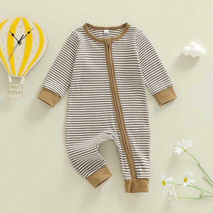 Karuedoo Newborn Infant Baby Boy Clothes Striped Waffle Long Sleeve Zipper Romper Jumpsuit One-Piece Fall Winter Outfit