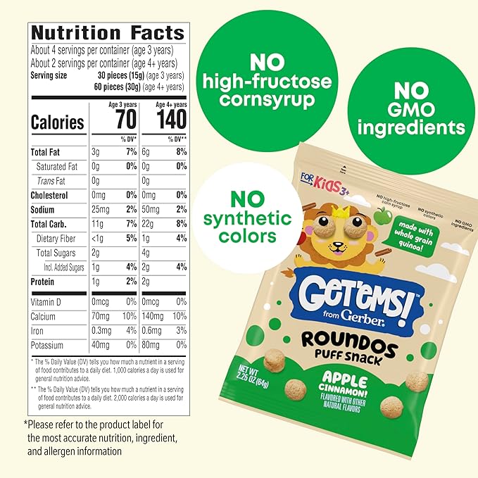 Get'ems! from Gerber, Snacks for Kids, Apple Cinnamon Roundos Puffs, Made with Whole Grain Quinoa, Calcium to Support Strong Bones - 5 pack