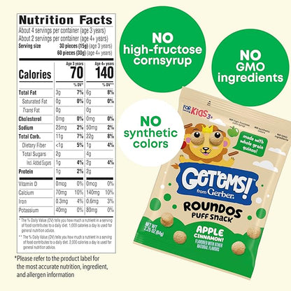 Get'ems! from Gerber, Snacks for Kids, Apple Cinnamon Roundos Puffs, Made with Whole Grain Quinoa, Calcium to Support Strong Bones - 5 pack
