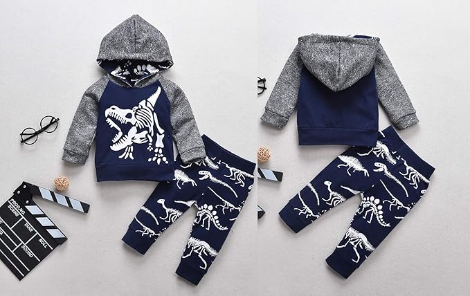 Baby Boys Dinosaur Long Sleeve Hoodie Tops Sweatsuit Pants Winter Outfit Set