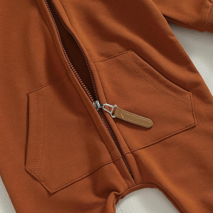 allshope Newborn Baby Boy Girl Fall Outfit Romper Long Sleeve Hooded Solid Zipper Onesie Jumpsuit Bodysuit Infant Clothes