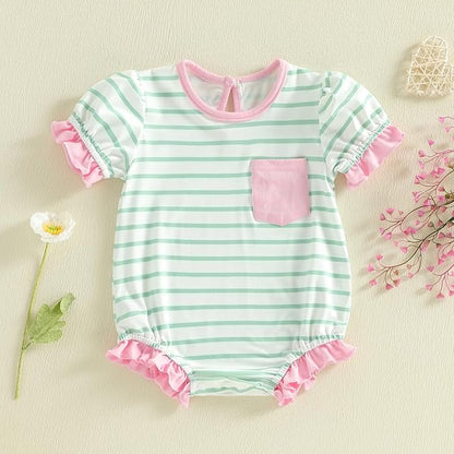 Twopumpkin Baby Girl Striped Bubble Romper Newborn Toddler Short Sleeve Ruffle Cotton Onesie Cute Summer Outfit Clothes