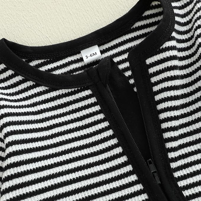 Karuedoo Newborn Infant Baby Boy Clothes Striped Waffle Long Sleeve Zipper Romper Jumpsuit One-Piece Fall Winter Outfit