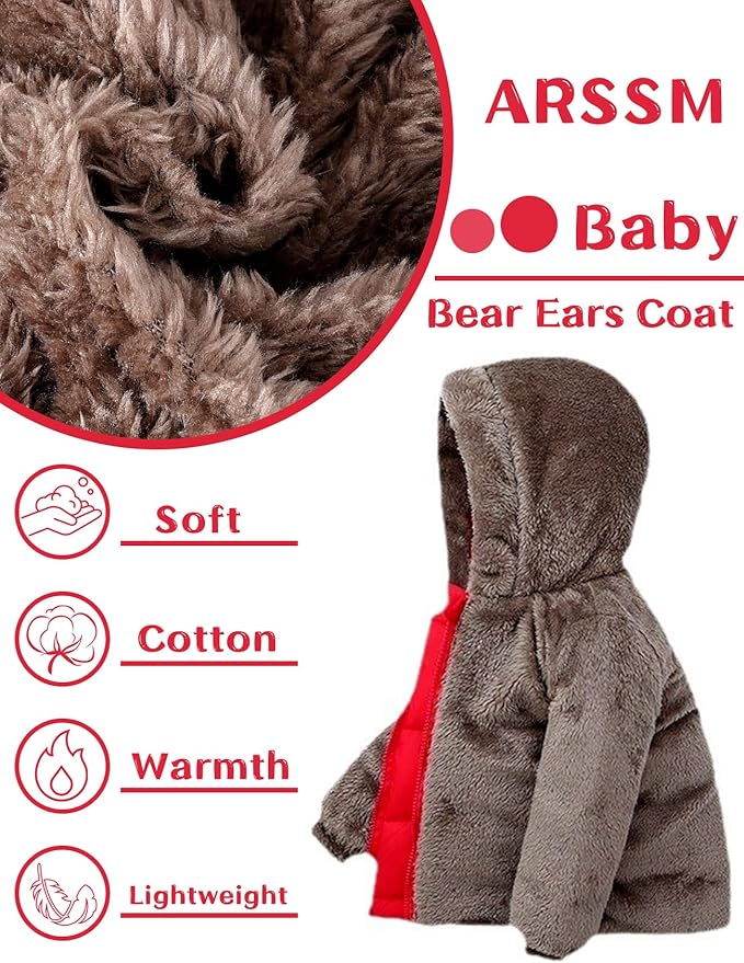 Arssm Baby Boys Girls Winter Fleece Coat Toddler Kids Warm Cute Bear Ear Hooded Jacket