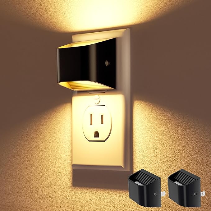 VOLISUN Night Lights Plug into Wall, 2 Pack Up and Down LED Night Light with Dusk to Dawn Light Sensor, 3000K Warm White Nightlight for Hallway, Bedroom, Bathroom, Kitchen Black