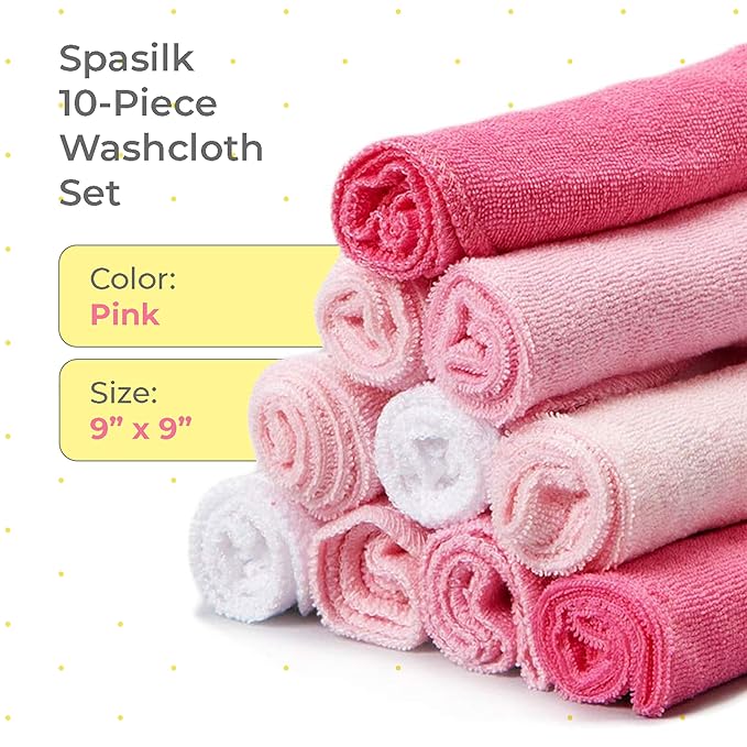 Spasilk Baby Washcloth Wipes Set for Newborn Boys and Girls, Soft Terry, Pack of 10, Pink