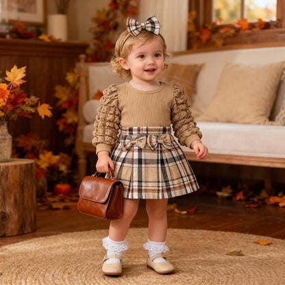 Toddler Baby Girl Plaid Dress Puff Sleeve Bow Patchwork Ribbed Shirts Dress Plaid Fall Winter Outfits with Headband