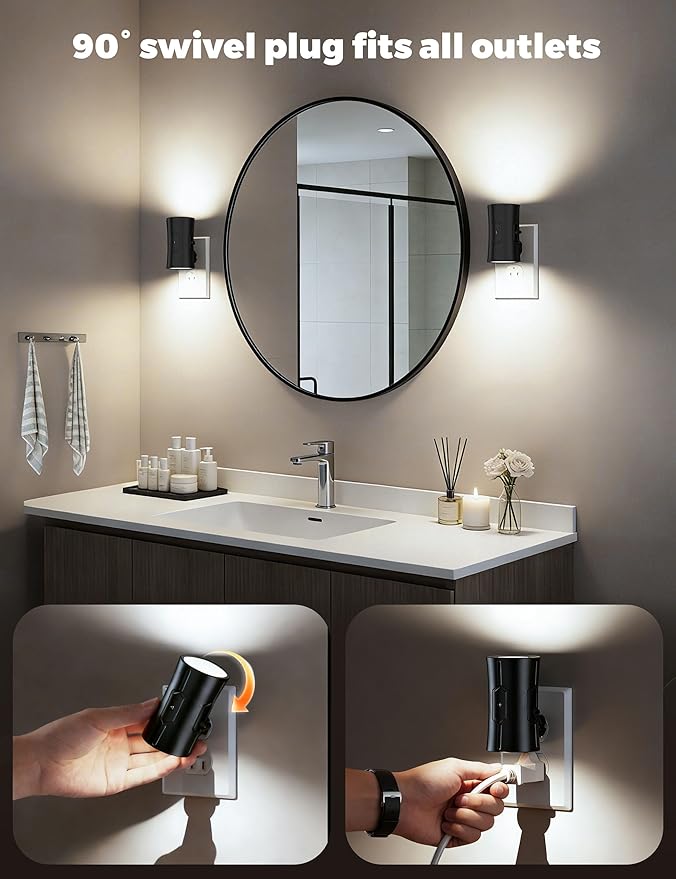 Night Light, 2-Pack Dimmable Plug-in Night Light with Auto On/Off & 90°Rotatable Plug, 0-100LM Adjustable Brightness,1W Ultra Low Energy for Bedroom, Hallway, Bathroom, Kids Room, White