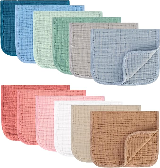 Muslin Burp Cloths 100% Cotton Pack of 12. Soft, Gentle & Absorbent Baby Burp Cloths for Baby Girl & Boys.(Mixed Color 12 Pieces)