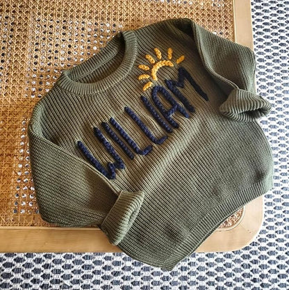 Personalized Hand Embroidered Knit Name Jumper, Custom Infant Christmas Sweater, Chunky Oversized Kids Sweater Multi