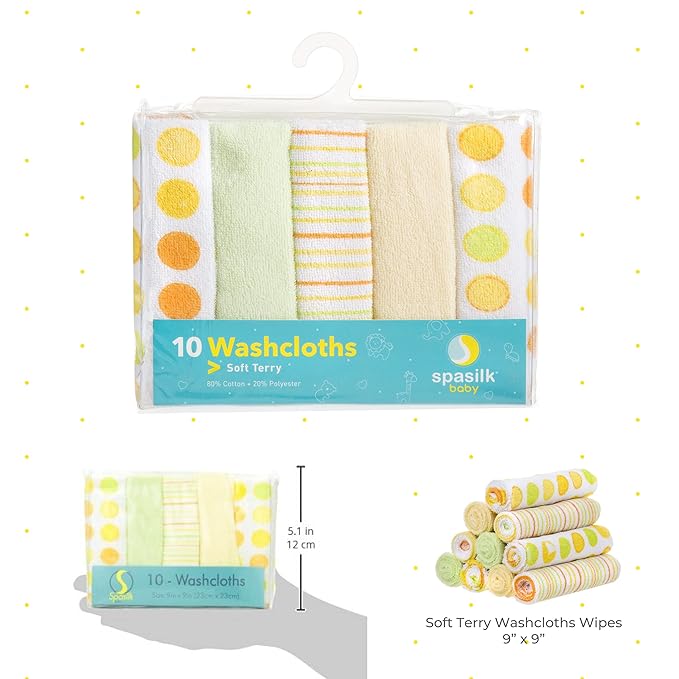 Spasilk Washcloth Wipes Set for Newborn Boys and Girls, Soft Terry Washcloth Set, Pack of 10, Yellow Dots