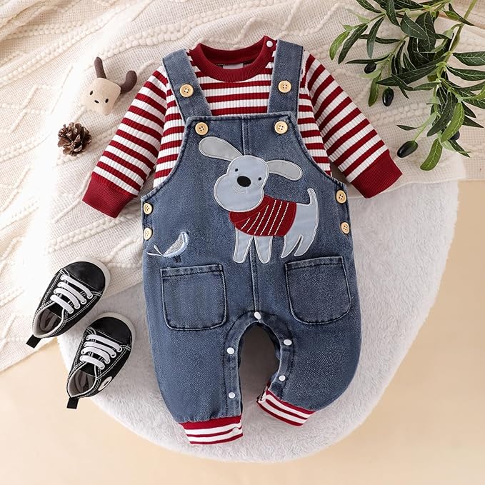 Baby Boy Clothes Fall Winter Outfits Long Sleeve Striped Romper Cute Cartoon Jeans Overalls Pants Set 0-18 Months