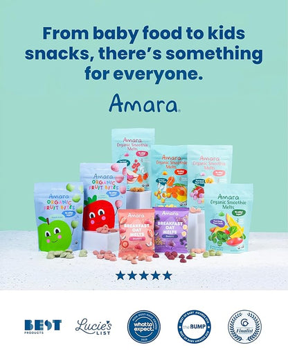 Amara Breakfast Oat Melts - Organic Toddler Snack - Single Serve Fiber-Packed Oat Bites with Real Fruit, No Added Sugar, Quick Dissolving, Blueberry - 12 Pack