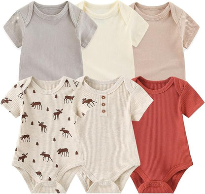 Baby Bodysuit 6 Pack Soft Mixed Ribbed Short Sleeve Romper Infant Boy Girl Clothes Set