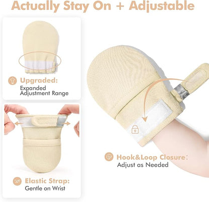 HAPIU Baby No Scratch Mittens Stay On, 100% Cotton Breathable, Adjustable Infant Gloves for Boys Girls, Newborn - 12 M