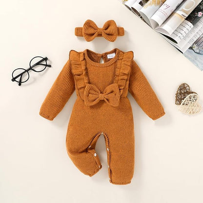 Happy Town Baby Girl Romper Infant Fall Winter Clothes Ruffle Sweater Long Sleeve Bodysuit Jumpsuit and Headband