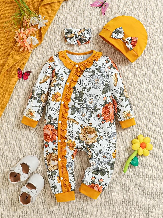 Newborn Baby Girl Clothes Infant Floral Print One-Piece Romper+Jumpsuit+Bodysuit+Hat+Headband