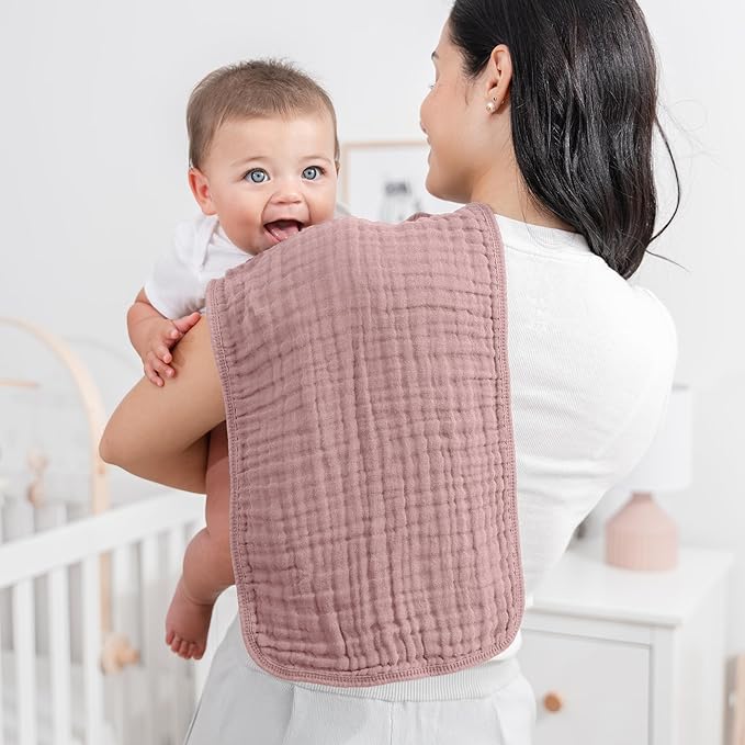 Comfy Cubs Muslin Burp Cloths 20" x 10", Pack of 6 - Large, 6-Layer, Ultra Absorbent 100% Cotton for Baby Drool and Messes - Soft, Safe & Gentle Baby Burp Cloths Set for Boys & Girls - Mauve