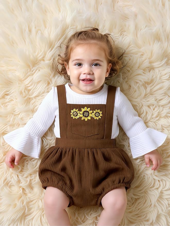 Tiny Cutey Newborn Baby Girl Clothes Bell Sleeve Romper and Corduroy Overalls Shorts Infant Girl Fall Outfits