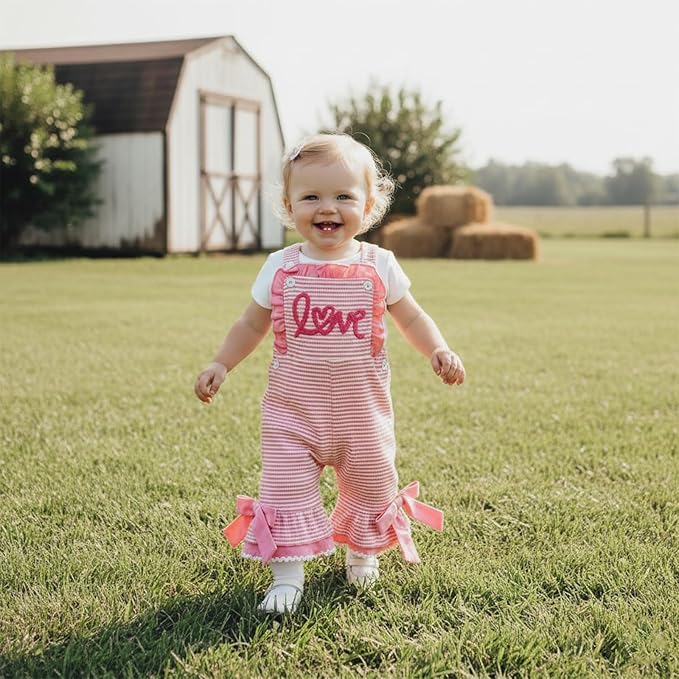 Toddler Baby Girl Valentines Day Outfit Infant Love Romper Ruffle Jumpsuit Overalls Cute Spring Valentines Clothes