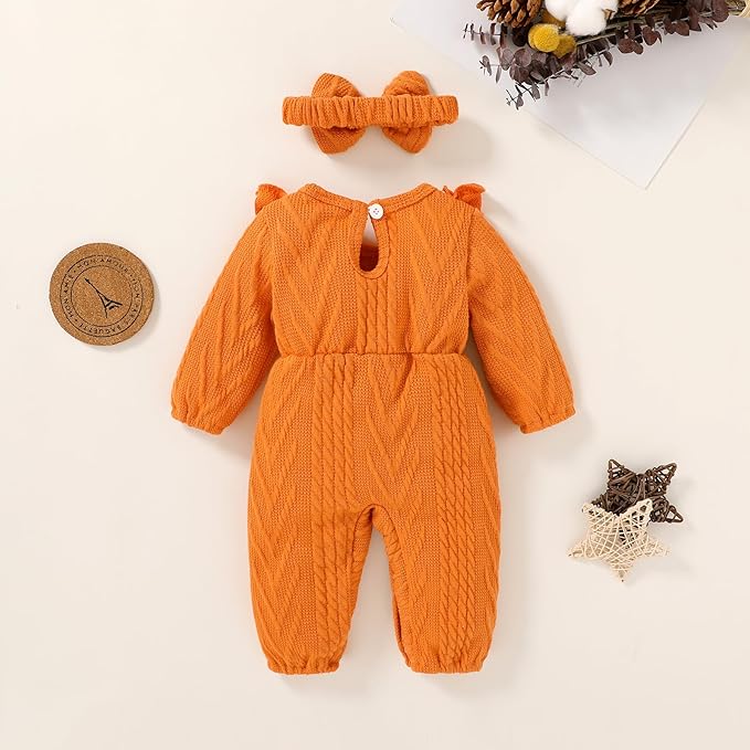 Happy Town Baby Girl Romper Infant Fall Winter Clothes Ruffle Sweater Long Sleeve Bodysuit Jumpsuit and Headband