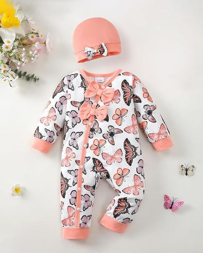 Mioglrie Newborn Baby Girl Clothes Long Sleeve Romper Infant Fall Winter Outfits Floral Hat Jumpsuit Preemie Girl Clothes