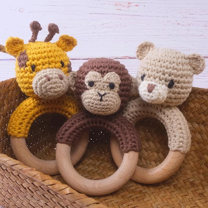 Joliecraft Safari Animals Wooden Baby Rattle Toys Stuffed Crochet Rattle with Teether Ring for Newborn, Beige Bear