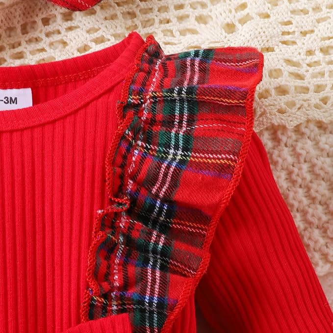Newborn Christmas Outfit Baby Girl Plaid Romper Dress Infant Ruffle Long Sleeve Ribbed Bodysuit Headband Clothes